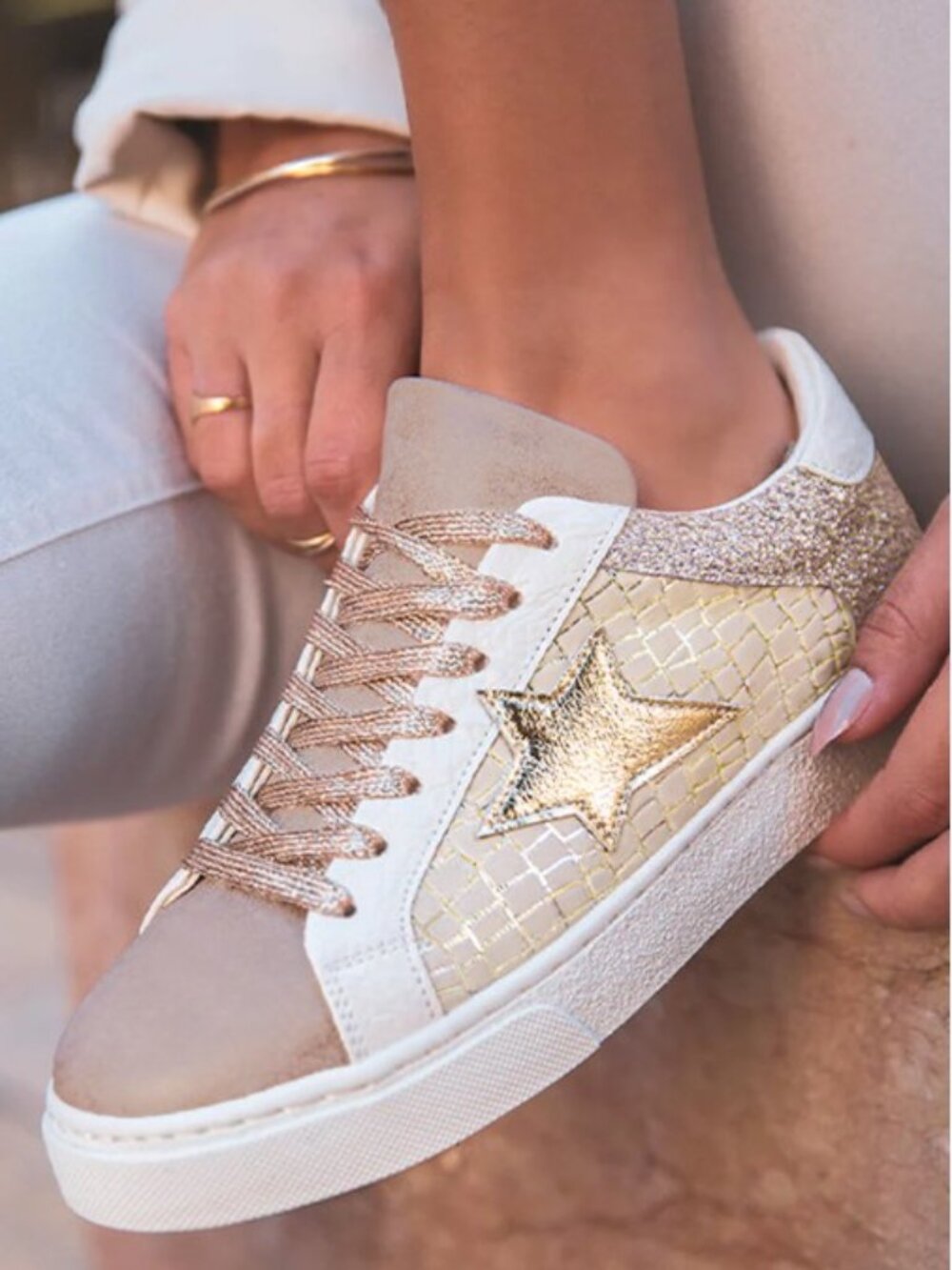Gold Glitter Star Patchwork Leather Lace-Up Sneakers - Picture 5 of 16